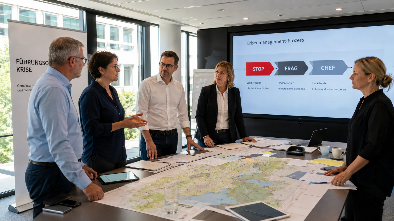 Schulungssituation mit Visualisierung des STOP · FRAG · CHEF-Prozesses.